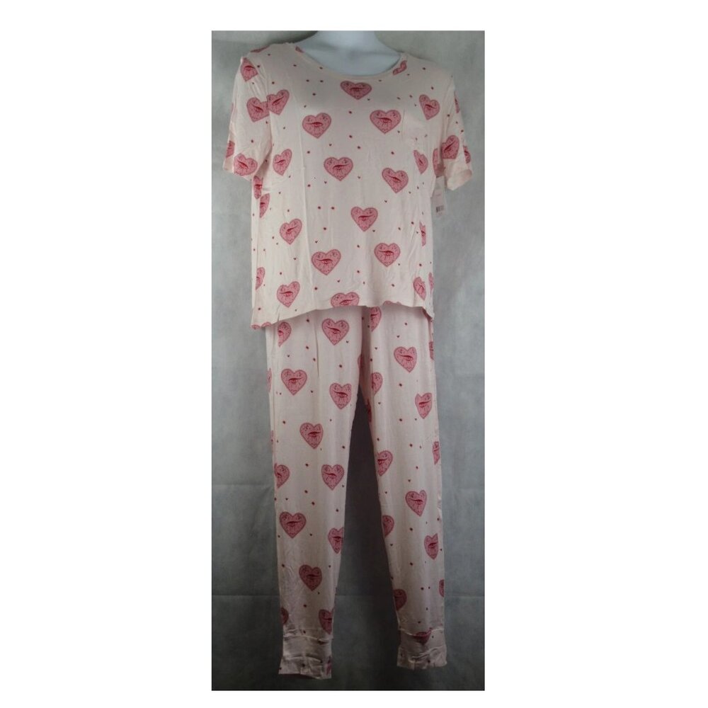 Honeydew Women's 2-Piece Soft Jersey Knit Rayon Pajama Set, Pink Hearts, XL